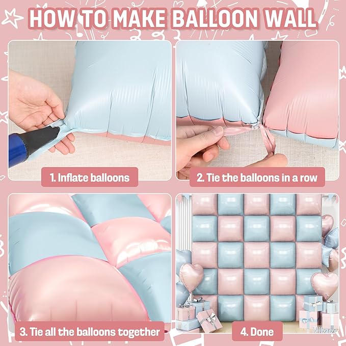 Pink and Blue Square Foil Balloons Wall, 25PCS Double Sided Pastel Cream Pink Blue Balloons Tunnel Arch Kit Backdrop for Boy or Girl Gender Reveal Decorations Birthday Party Baby Shower Decorations