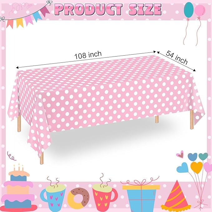 WNINK 6 Pack Light Pink and White Polka Dot Tablecloths, Pink Disposable Plastic Table Cover for Birthday, Wedding, Bachelor, Pink Girl Party, and Picnic Camping Parties 54" x 108"