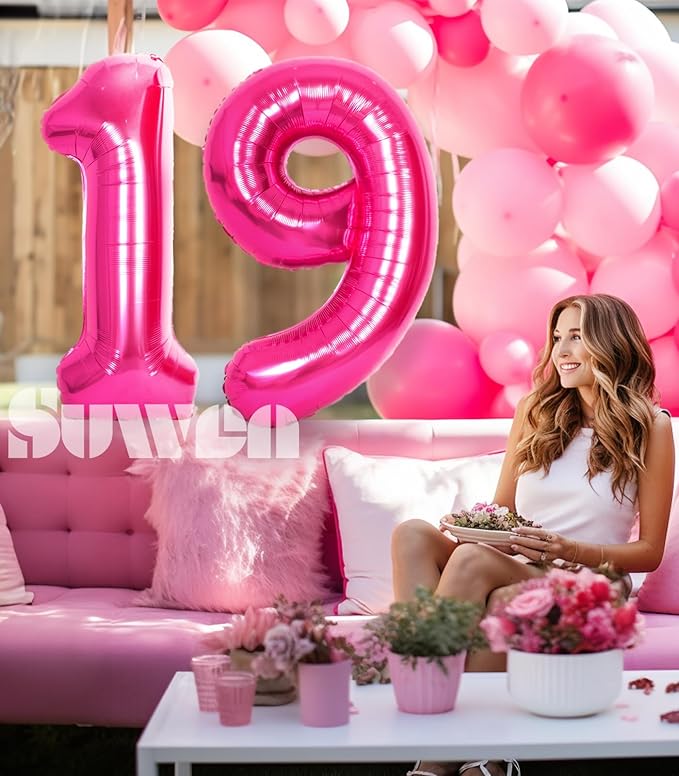 SUWEN 40 Inch Hot Pink Large 19 Number Balloons Big Foil Helium Number Balloons 0-9 Jumbo Happy 19th Mylar Birthday Party Decorations for Girl or Women 91 Anniversary Party Supplies
