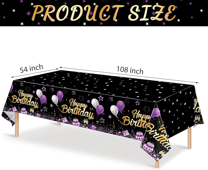 Breling Birthday Party Supplies Confetti Sprinkles Happy Birthday Tablecloths Starry Table Covers for Party Decorations, 54 x 108 Inches(Purple and Black,3 Pack)