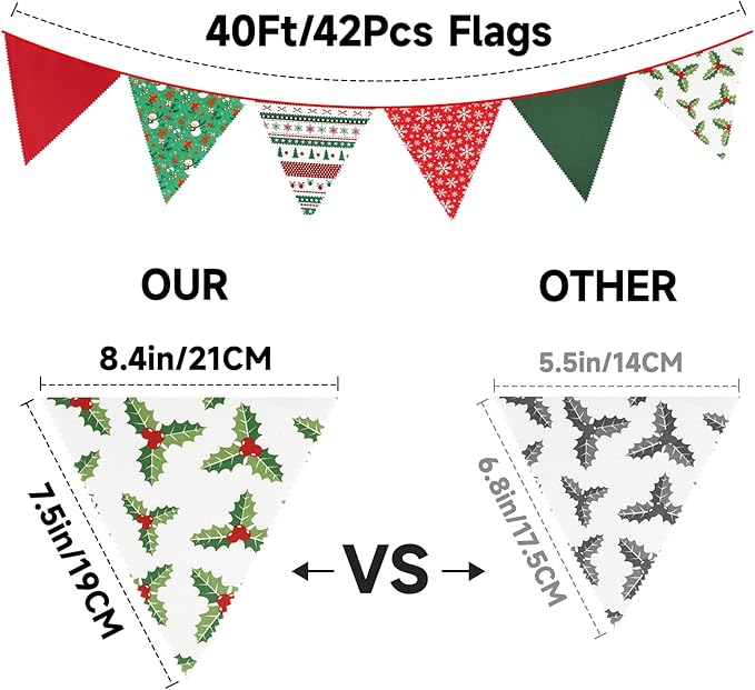 GCQQ Christmas Pennant Banner - 40FT Red Green Cotton Merry Christmas Party Banners Vintage 42pcs Fabric Holly Garlands Bunting Indoor for Xmas Home Outside Decorations