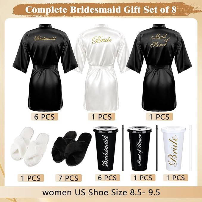 Bonuci 24 Pcs Bridesmaid Bride Robes Set of 8 Bridal Satin Robes Fluffy Slippers Drinking Cups for Wedding Bachelorette Party