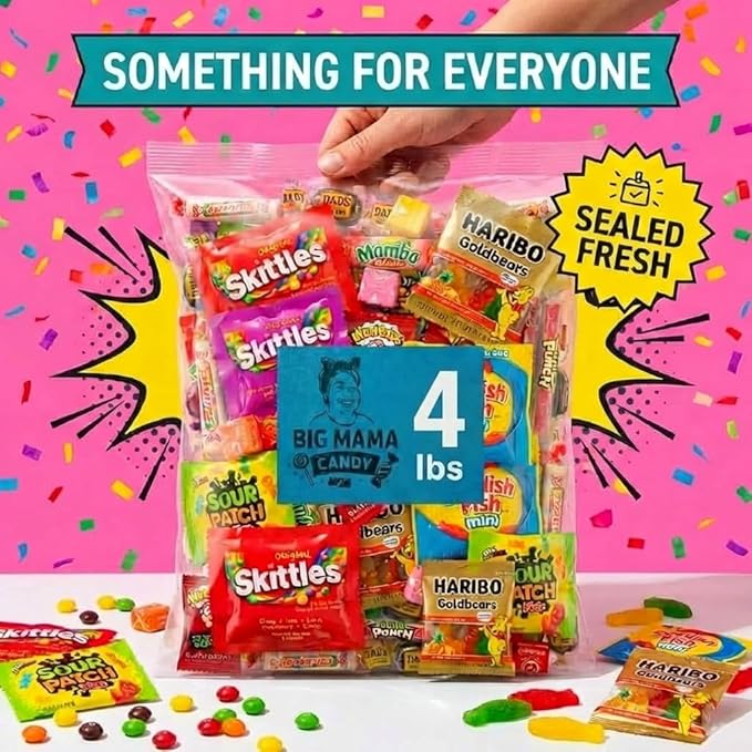 Big Mama Candy Assorted Candy Variety Pack 4 lbs, Bulk Individually Wrapped Candy for Party Favors, Goodie Bags & Pinatas, Easter