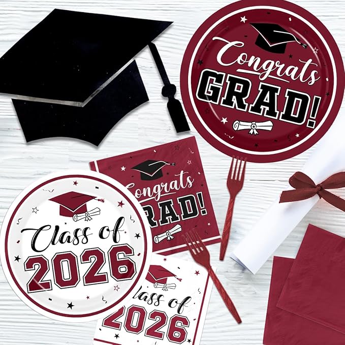 Graduation Party Plates and Napkins Maroon Class of 2026 Grad Congrats Party Supplies Disposable Dessert Paper Plates Cocktail Napkins forGraduation Party Decorations,Serve 50