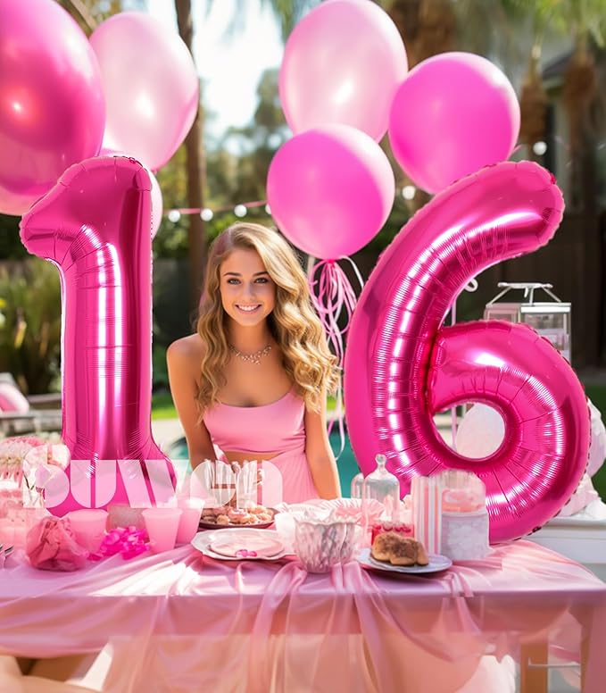 SUWEN 40 Inch Hot Pink Large 16 Number Balloons Big Foil Helium Number Balloons 0-9 Jumbo Happy 16th Mylar Birthday Party Decorations for Girl or Women 61 Anniversary Party Supplies