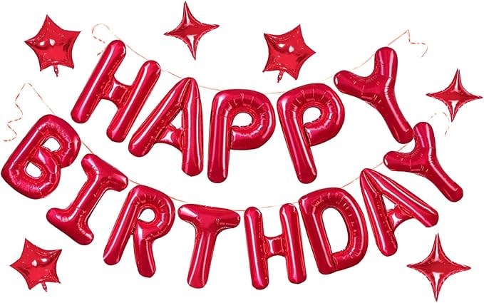 Happy Birthday Balloons Banner, Red 16 Inch Mylar Foil Letter Balloons with 6pcs Star Balloons, Birthday Party Decorations for Kids Girls Women Adults Birthday Party Supplies