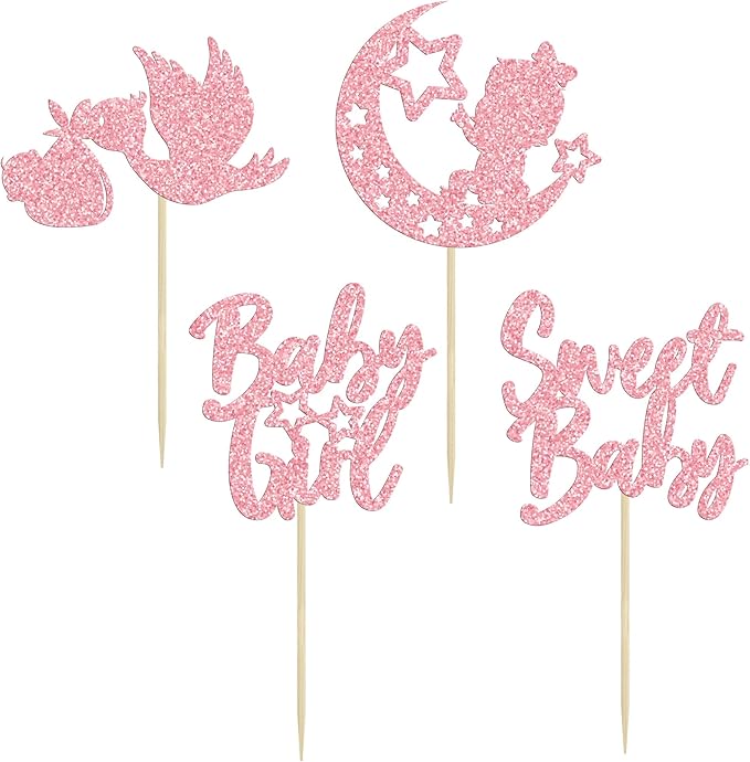 24Pcs Baby Girl Cupcake Toppers Pink Glitter Moon Star Sweet Baby Girl Cupcake Picks Decorations for Gender Reveal Baby Shower Kids Girls Birthday Party Supplies