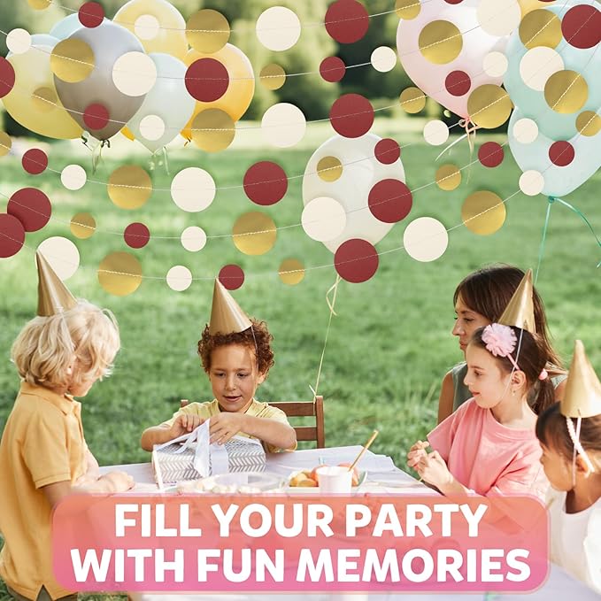52FT Party Garlands, Paper Garland Circle Dots, Hanging Circle Banner Decorations for Birthday, Party, Wedding, Baby Shower, Graduations, Christmas, Wall Decor (Gold White Red Garlands)