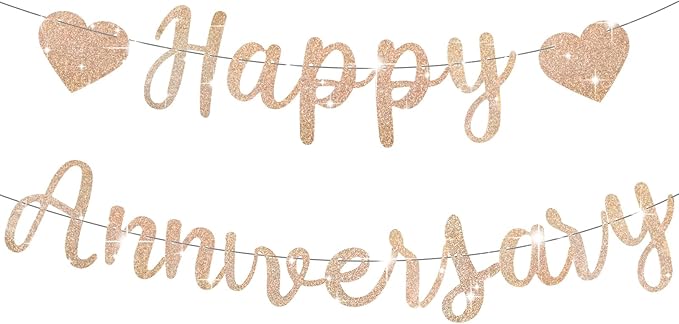 Happy Anniversary Banner, Champagne Gold Happy Anniversary Sign, Pre-Assembled for Wedding Party Celebration Decor (Champagne Gold0