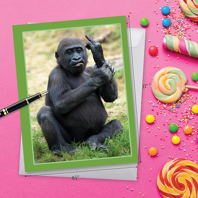 NobleWorks - Hilarious Happy Birthday Card with Envelope (8.5 x 11 Inch) - Funny Animal Greeting Card From All Of Us - Flipping Monkey - Gorilla J9516FBDG-US