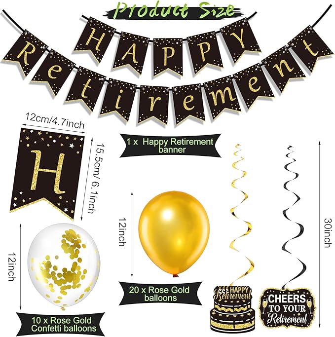 Tenare 44 Pcs Retirement Party Decor Kit: Banner, Swirls, Balloons & Ribbons (Black and Gold)