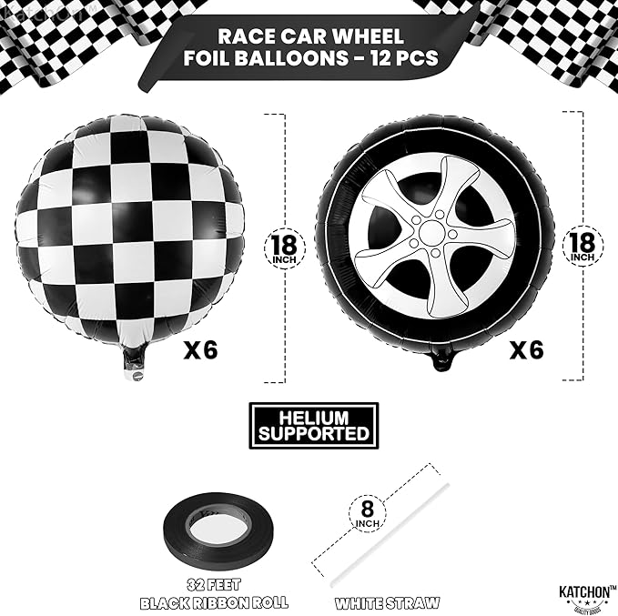 KatchOn, Huge Tire Balloons and Checkered Balloons - 18 Inch, Pack of 12 | Two Fast Two Curious Birthday Decorations | Tire Balloon, Two Fast Birthday Decorations | Race Car Birthday Party Decorations