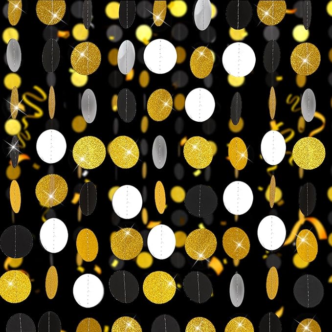 Syhood 10 Pcs Party Decorations Paper Dot Circle Garlands Glitter Streamers Hanging Banner Decor for New Year Baby Shower Wedding Birthday Backdrop Supplies (Black Gold and Silver)