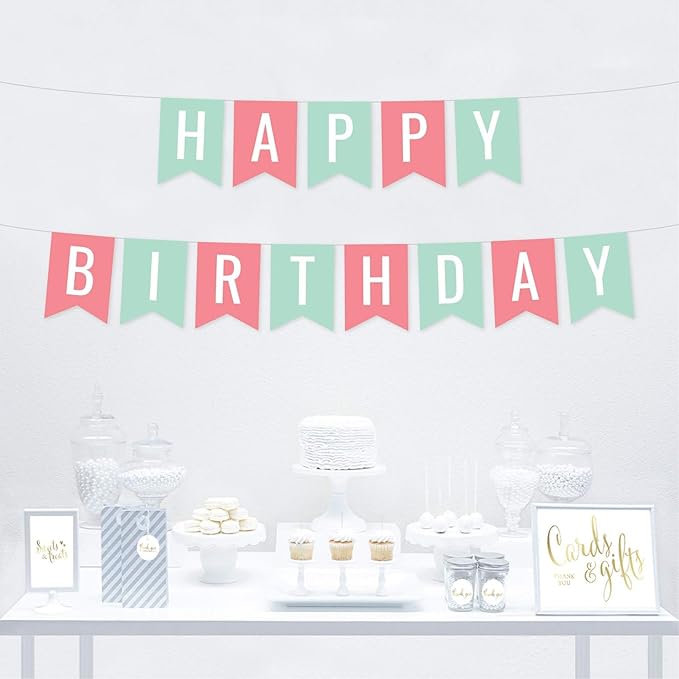 Andaz Press Hanging Pennant Banner Party Decorations, Seafoam Mint Green, Coral, Happy Birthday, 1-Pack, Approx. 5-Feet, Nautical Ocean Themed Decor