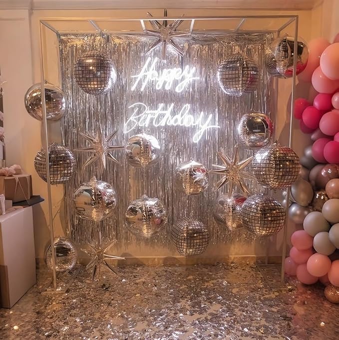 22 Inch Large 4D Metallic Silver Disco Ball Balloon with Explosion Star Foil Balloons for 70s 80s 90s Themed Party, Birthday, New Year, Graduation
