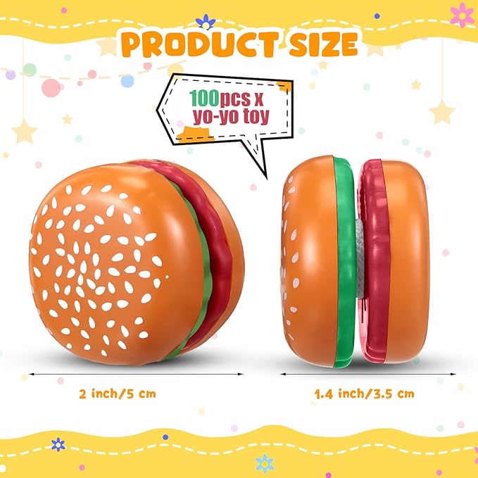 Liliful 100 Pcs Hamburger Bulk Yo Yo Toys Plastic Burger Party Favors for Kids Adults String Toys for Student Training Party Game Gifts Goody Bag Favors Classroom