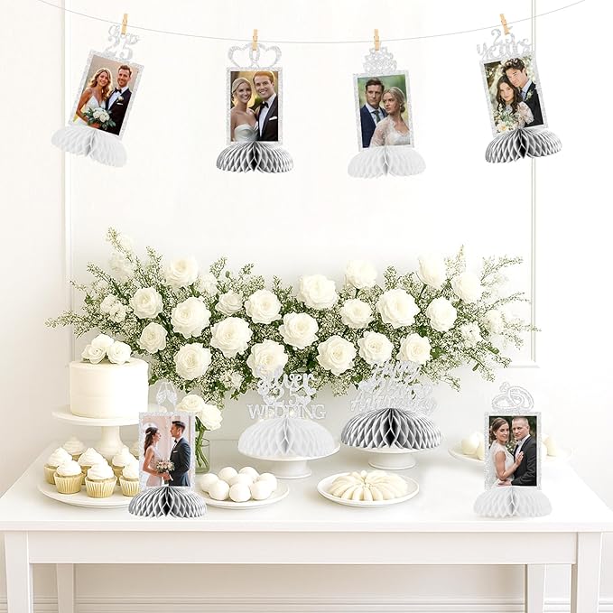 Cheereveal 8 Pieces Happy 25th Wedding Anniversary Honeycomb Centerpiece, Silver Glitter Photo Table Topper, Cheers to 25 Years Silver Wedding Theme Party Supplies for Men and Woman