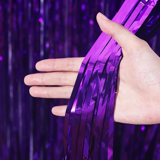 3.3 x 6.6 ft Foil Fringe Backdrop Curtains, Tinsel Streamers Party Decorations, Fringe Backdrop for Birthday, Baby Shower, Gender Reveal, Graduation (6, Purple)