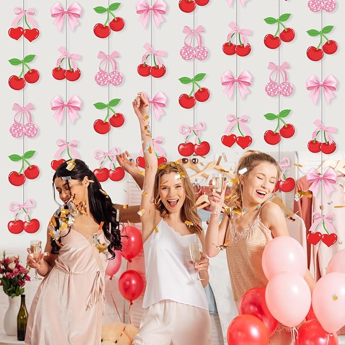 Xinnun Cherry Party Decorations Pink Bow Hanging Banners Garland Cherry Baby Shower Decorations Cutouts Ribbon Streamers for Berry Birthday Bridal Engagement Bachelorette Wedding Party Decor