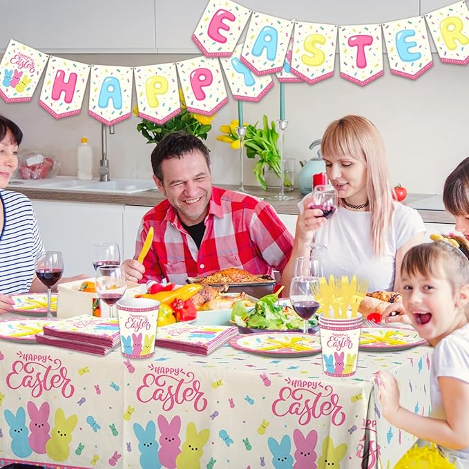 Easter Party Supplies,142Pcs Easter Party Plates,Napkins,Tablecloths Spring Colorful Bunny Tableware Decoration for Spring Holiday Party Favors