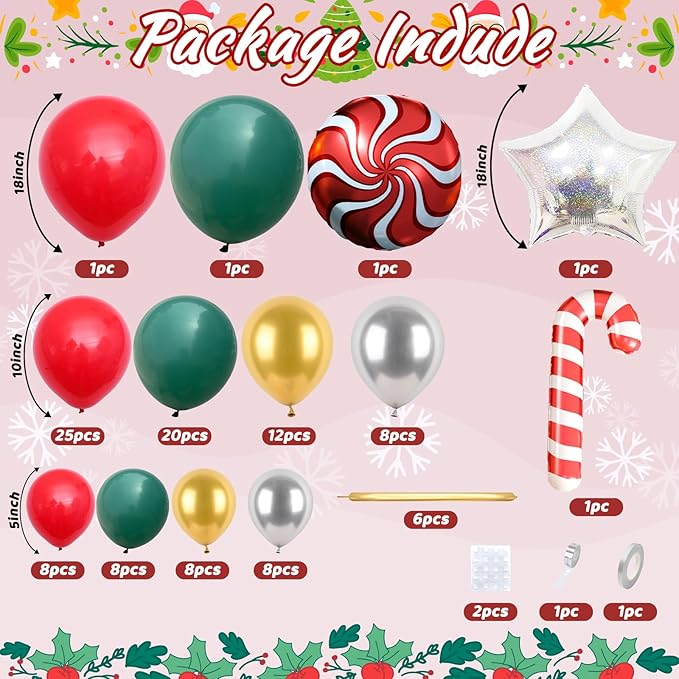 Christmas Balloon Arch, Red Green Gold Balloon Garland, Metallic Silver Red Candy Canes Sweet Candy Iridescent Star long Balloons For Christmas Theme Party Celebration Birthday Baby Shower Wedding
