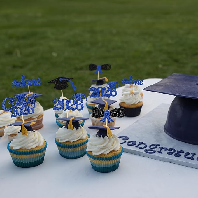 Gyufise 30Pcs Blue Glitter 2026 Graduation Cupcake Toppers Class of 2026 Graduation Done Cupcake Picks Grad Cap Diploma Cake Decorations for 2026 Graduation Theme Party Cake Decorations Supplies