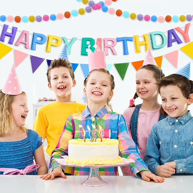 4PCS Pre-Strung Happy Birthday Banner - Felt Happy Birthday Garland, Ball Garland, Felt Pennant Flag, Pastel Thread Tassel Reuasble Party Decorations for Girls Women Kids