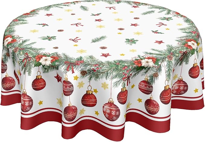 Christmas Round Tablecloth 70 Inch Xmas Bells and Snowflake Pattern Table Cloth Circle Winter Holiday Table Cover Washable Polyester Indoor Decor for Home Kitchen Dinning Party