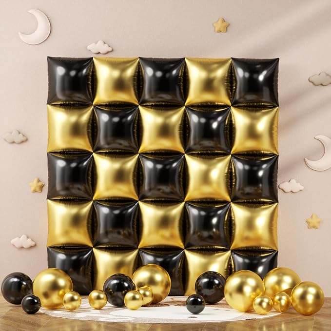 Black and Gold Checkered Square Foil Balloons Backdrop Wall, Double Sided Tunnel with Gold Black Balloon Arch Garland Kit for Birthday Graduation New Year Graduation Party Decoration