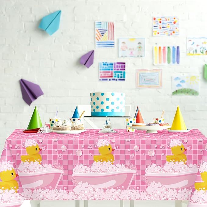 Oudain 3 Pcs Plastic Yellow Duck Tablecloth Disposable Cute Bubble Rubber Yellow Ducky Table Cover for Birthday Party Decorations Supplies, 51 x 86.6 Inch (Pink)