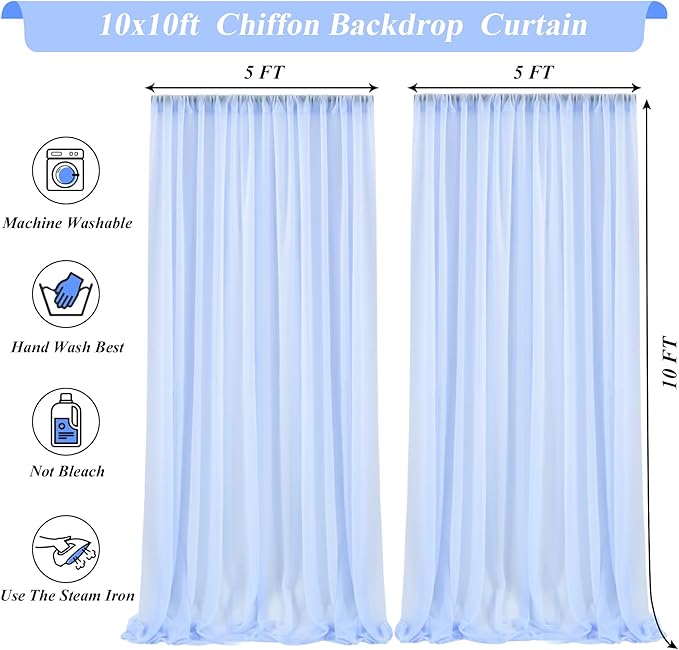 10x10ft Baby Blue Chiffon Backdrop Curtain with Lights String for Wedding Sheer Tulle Curtain Photo Backdrops Drapes for Baby Shower Birthday Party Home Ceremony Decorations