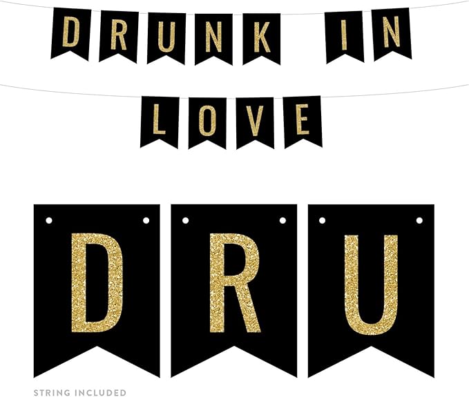 Andaz Press Faux Gold Glitter on Black Funny Alcohol Party Banner Decorations, Drunk in Love, Approx 5-Feet, 1-Set, Wedding Bridal Shower Bachelorette Birthday Colored Hanging Pennant Decor