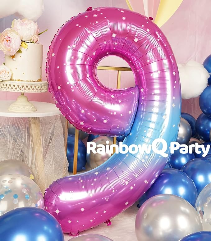 9 Balloon Number 40 Inch for Boy or Girl Big Starry 0-9 Foil Mylar Large 9 Number Balloon Happy 9th Birthday Party Anniversary Decorations Supplies
