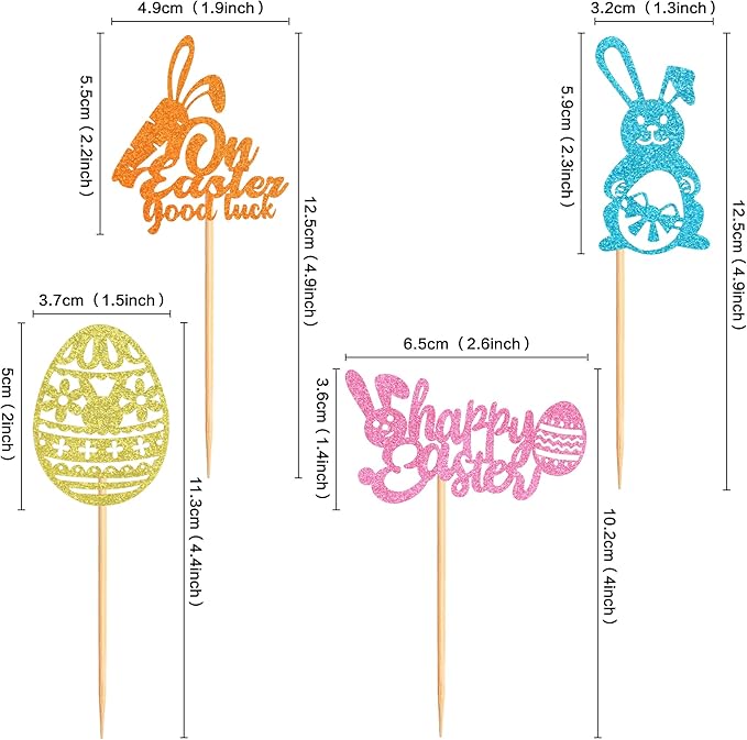 Ercadio 24Pcs Happy Easter Cupcake Toppers Glitter Bunny Easter Eggs On Easter Good Luck Cupcake Picks for Happy Easter Cupcake Decors Easter Baby Shower Birthday Wedding Party Supplies