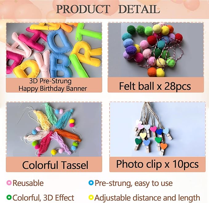 Pre-Strung Happy Birthday Banner, Felt Happy Birthday Garland, Pompom Ball Garland, Colorful Thread Tassel Banner with Photo Clips, Reusable Party Decorations for Party Decor, Photo Prop