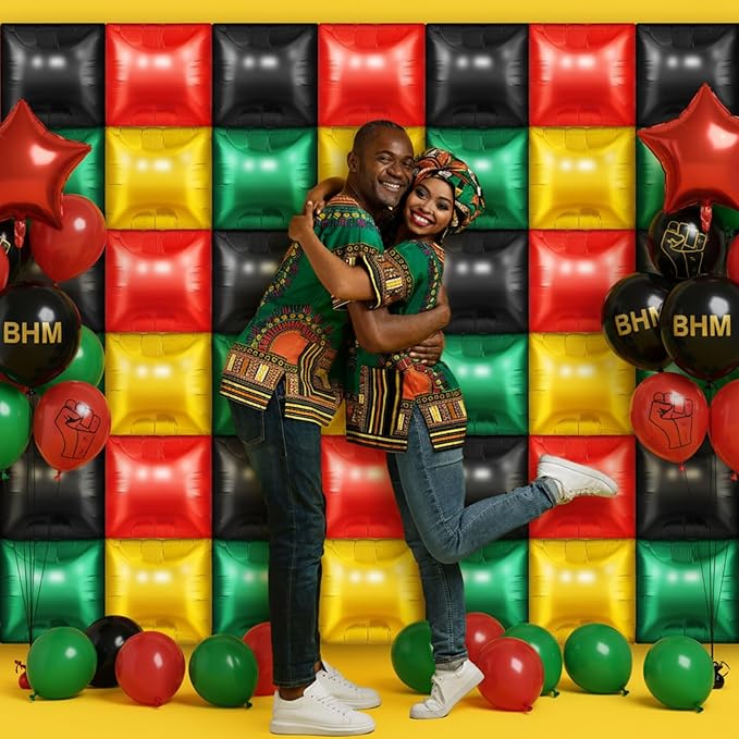 50 Pcs Juneteenth Party Decoration 19'' Double Sided Square Foil Balloons in Red Green Gold Black Juneteenth Backdrop 1865 Freedom Day Supplies African American Celebration Wall Backdrop