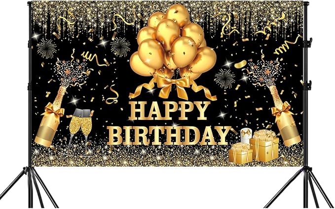 YinQin 180x120 cm Glitter Golden Black Happy Birthday Party Photography Backgrounds Backdrops Cloth 71x47 inch Shiny Black Gold Happy Birthday Sign Banner Bday Party Supplies Decoration for Women Men