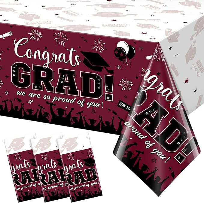 3 Pack Graduation Tablecloth Party Decorations, Class of 2026 Congrats Grad Plastic Tablecover Party Supplies, Maroon Rectangle Graduation Table Decorations for College High School Party, 54 x 108Inch