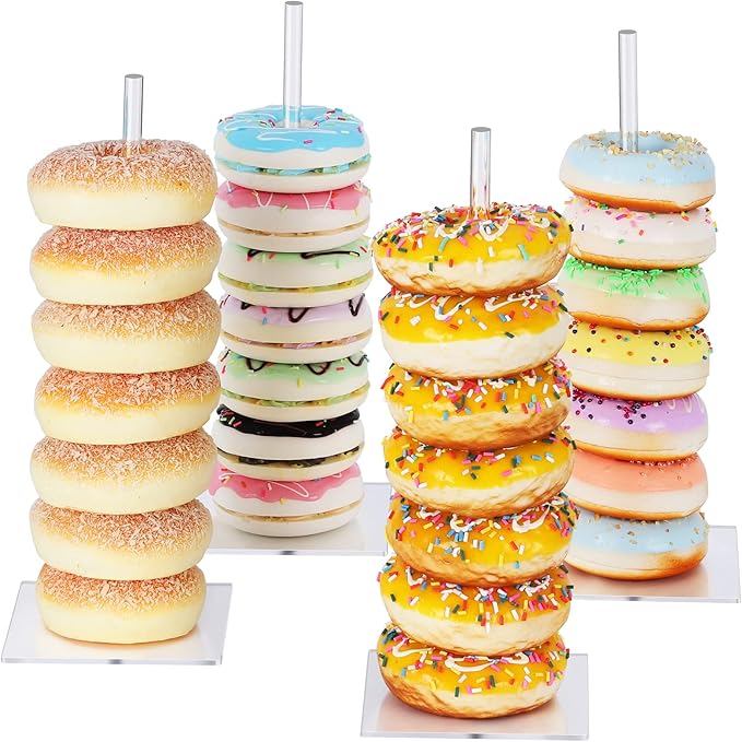 Donut Stand Acrylic 4 Pack, Clear Bagel Holder Stand, Donut Tower Stand, Donut Display Stand for Dessert Table, Doughnut Holder for Birthday, Wedding, Baby Shower, Christmas, Party