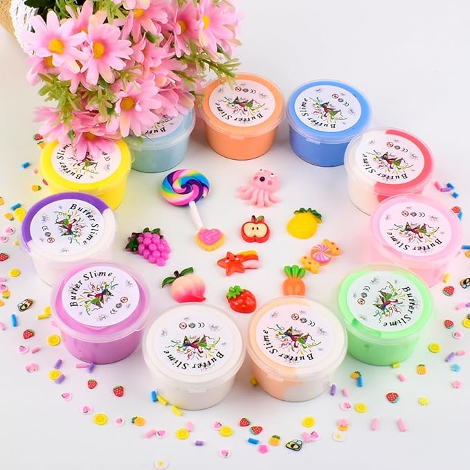 Butter Slime Kit 11 Pack, Scent, Stretchy, and Non-Sticky, with Peach Strawberry, Grape Slime Charms, Stress Relief, Educational Slime, Birthday Gifts Prize Party Favors for Girl Boys Kids 6-12