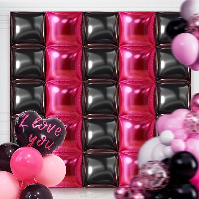 50PCS Hot Pink and Black Square Foil Balloon Wall, 19'' Reusable DIY Mylar Double Side Balloons Garland Tunnel Arch Kit for Anniversary Baby Shower Bachelorette Birthday Engagement Bridal Decor