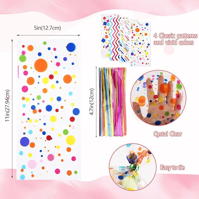 SOMIOCO Rainbow Cellophane Treat Bags Party Favor Bags 5x11 in 100 Pieces Plastic Candy Bags Gift Bags Goodie Bags with Twist Ties for Valentine, Birthday,Cookie Snack Packing Party Bags (4 Pattrerns)