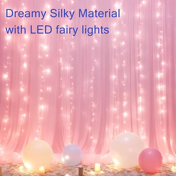 Pink Tulle Backdrop Curtains with Lights, Elegant Sheer Photo Backdrop Drapes, Soft Fabric & LED Curtain for Wedding Brithday Parties Photoshoot Background Decor, 10ftx8ft