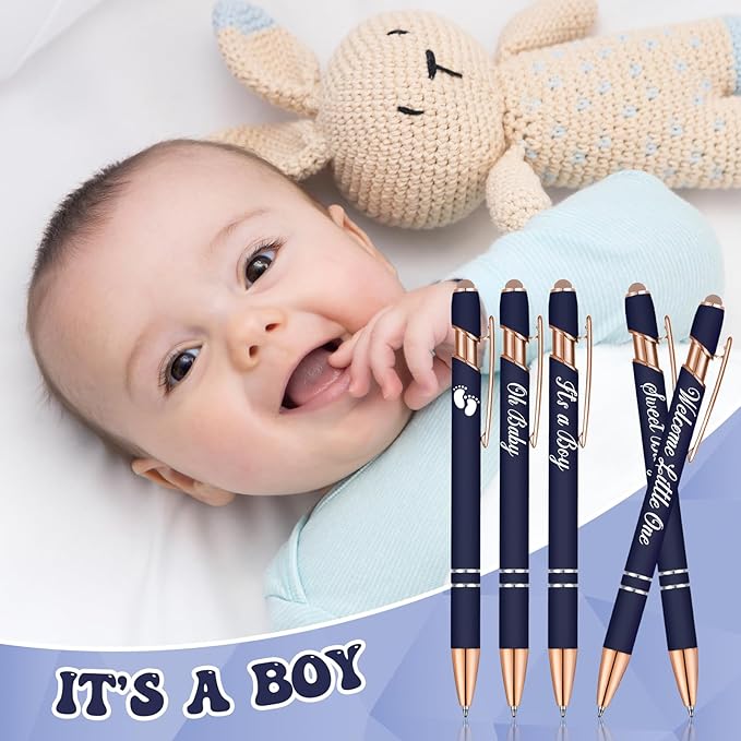 Jspupifip 50 Pcs Baby Shower Pens with Stylus Tip Metal Retractable Ballpoint Pens It's a Boy or Girl Black Ink Pens Bulk for Baby Shower Games Favors Decor Office School Writing Supply(Dark Blue)