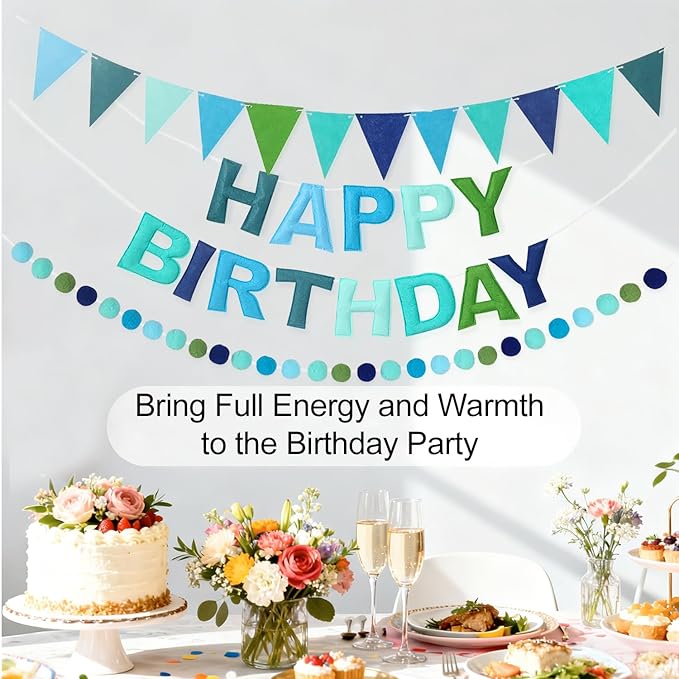 3PCS Pre-Strung 3D Blue Felt Happy Birthday Banner Set – Pom Pom Garland & Triangle Bunting, Reusable Happy Birthday Decorations, Felt Happy Birthday Banner & Sign for Boys, Men & Teens