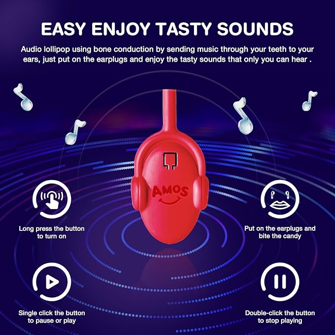 Amos TastySounds Audio Music Lollipops - Singing Lollipop Candy Suckers Party Favors - 5-Pack w/ 2x Strawberry! 3x Blueberry