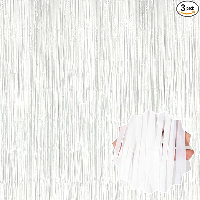 3 Pack Macaron White Foil Fringe Curtains Backdrop, 3.28 x 8.2 Ft Metallic Streamers Tinsel Curtains Background for Photo Booth, Birthday, Halloween, Christmas, New Year Party Decorations