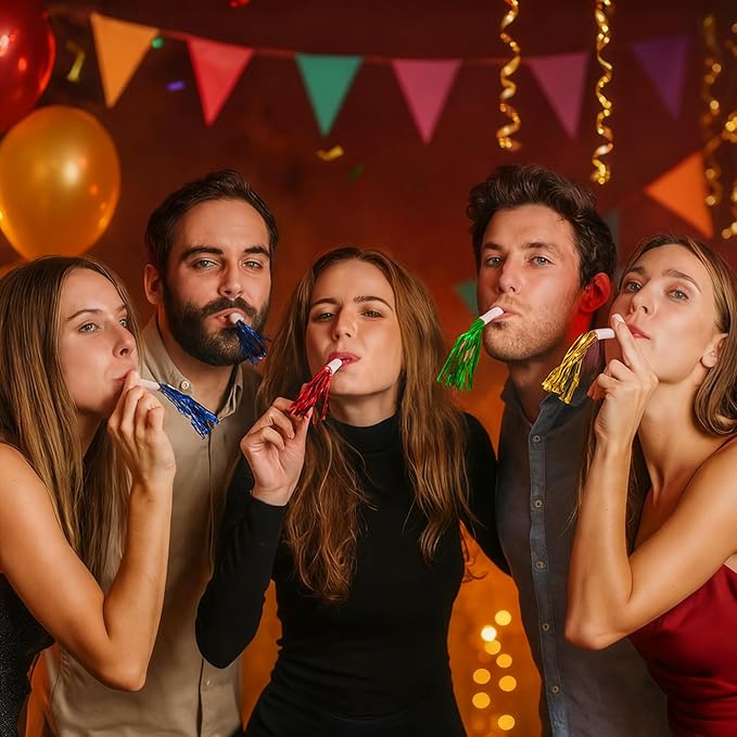 Silver New Years Noise Makers 24 PCS NYE Party Blowers Blowouts New Years Eve Games Favors Supplies Birthday Pep Rally for Adult Prank Graduation Sporting Events Horns Noisemakers Accessories
