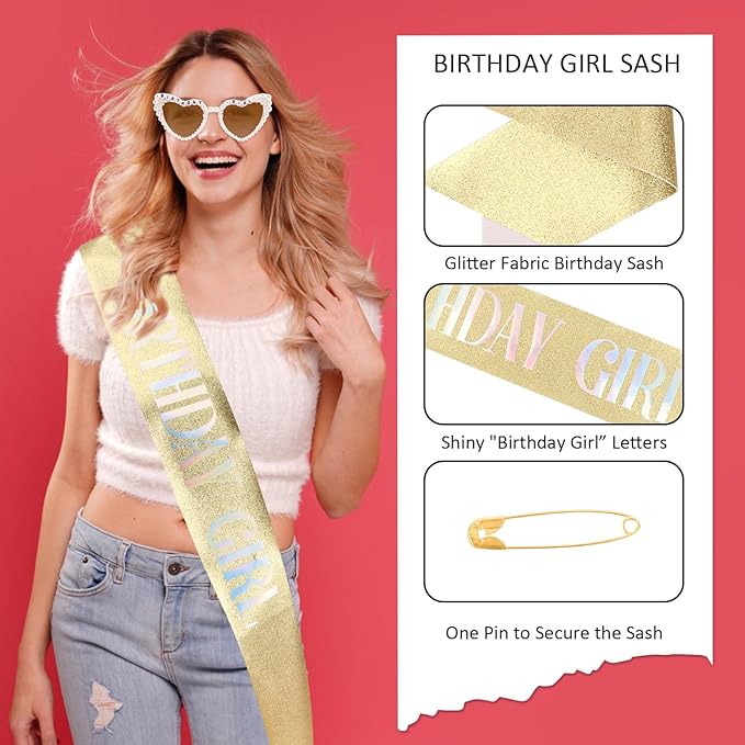 Birthday Sash & Glasses Set, Gold Birthday Sash for Women, Happy Birthday Decorations Outfits Accessories Party Favors Set for Women