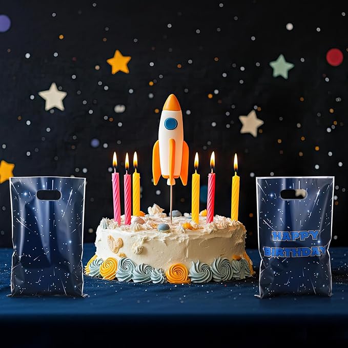 50Pcs Galaxy Star Party Favor Goodie Space Themed Star Decorations Party Supplies Gift Bag with Handles for Plastic Candy Bags for Boy Girl Kid Baby Shower